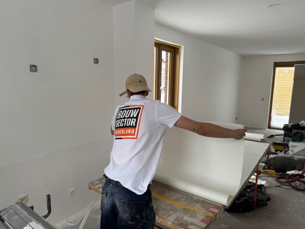 Vakman van Bouwsector Nederland rolt renovlies uit over de plaktafel in een nieuwbouwwoning