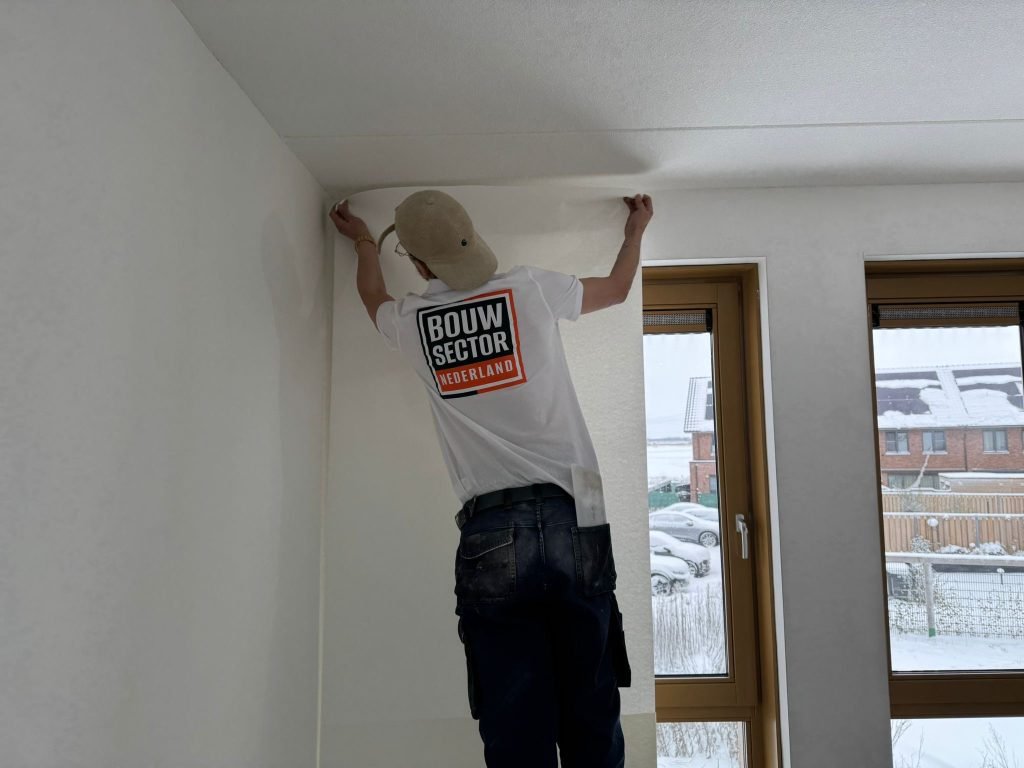 Behanger van Bouwsector Nederland zet een baan vlies vast tegen het plafond naast twee ramen